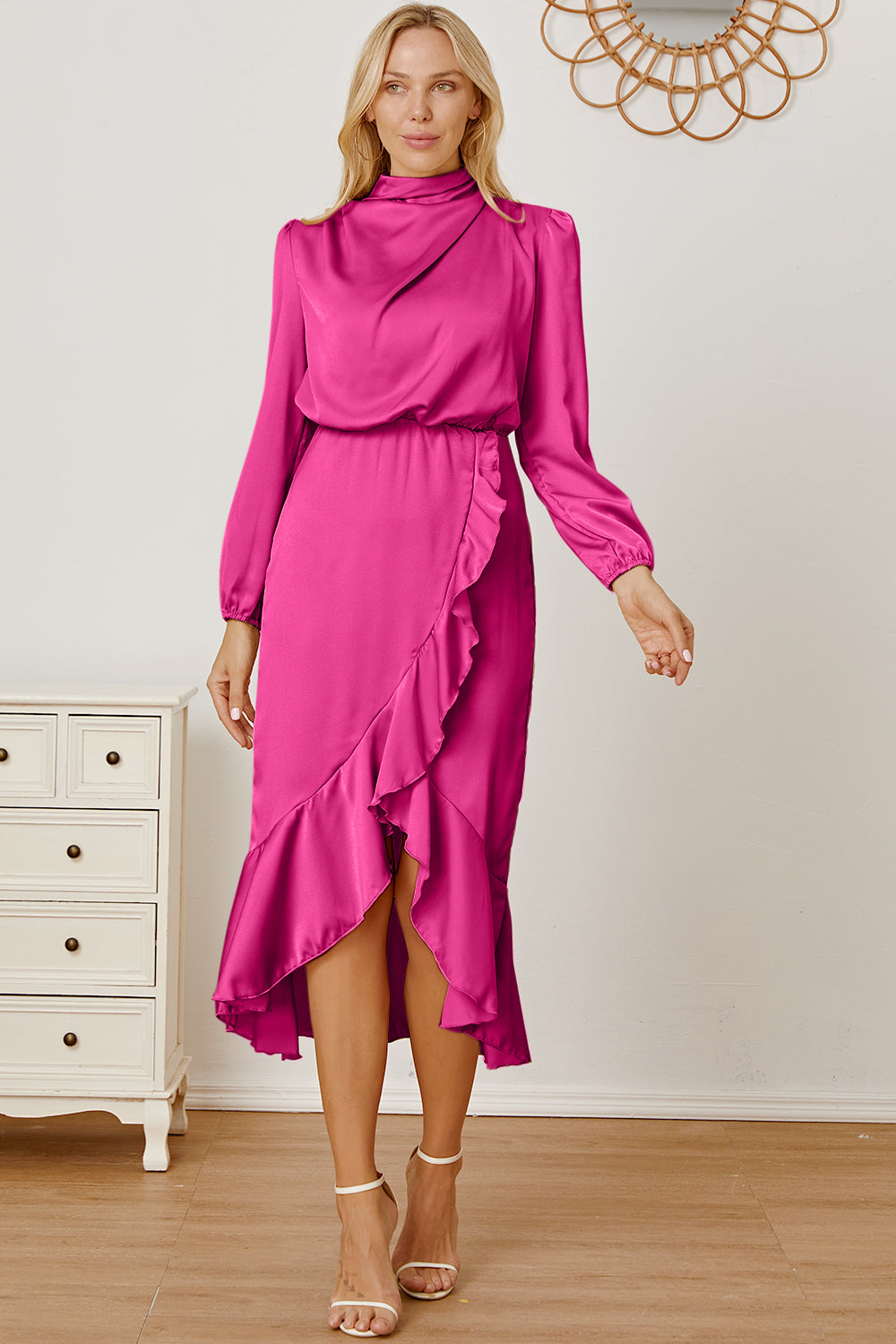 Mock Neck Ruffled Asymmetrical Dress Pink