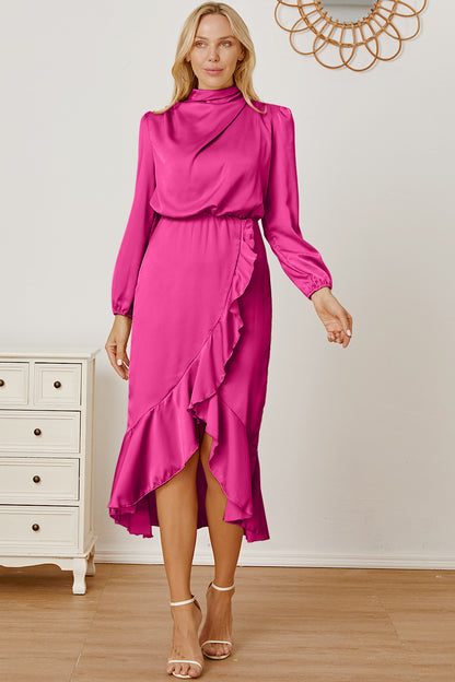 Mock Neck Ruffled Asymmetrical Dress Pink