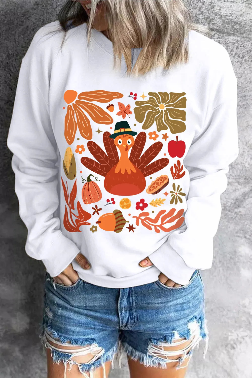 Graphic Round Neck Long Sleeve Sweatshirt White