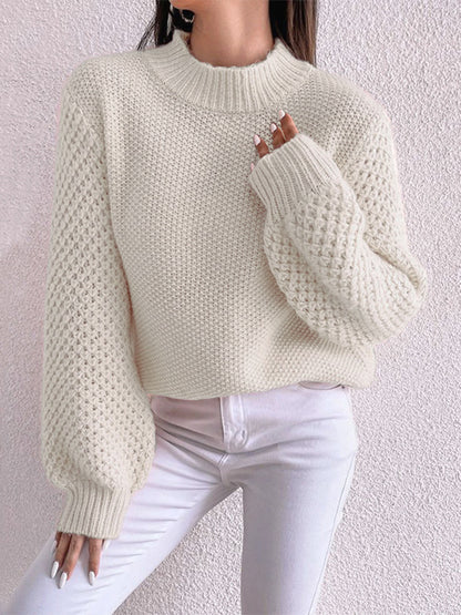 Openwork Mock Neck Long Sleeve Sweater Cream