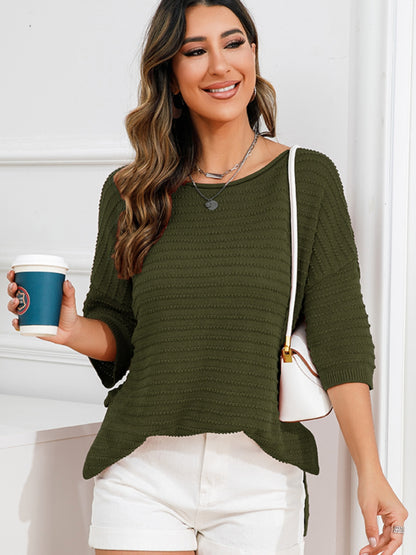 Rolled Round Neck Dropped Shoulder Slit Sweater Army Green