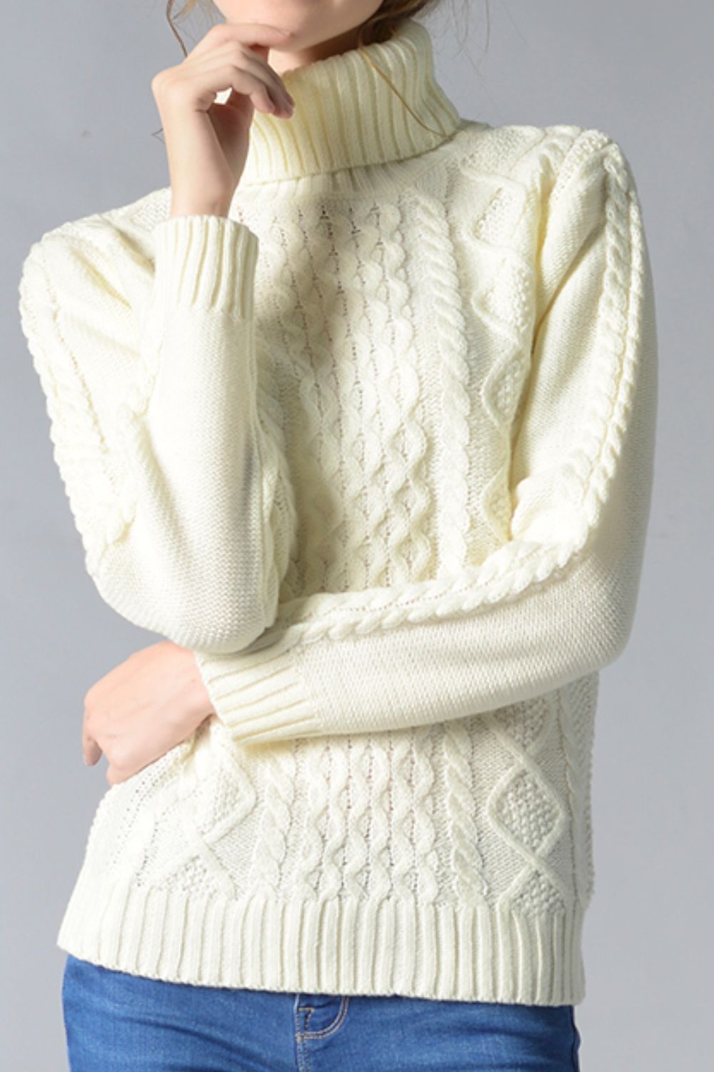 Cable-Knit Turtleneck Pullover Sweater Cream