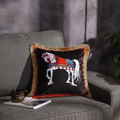 Double-sided Printed Fringe Pillow Sofa Cushion Horse black 45x45cm Excluding core