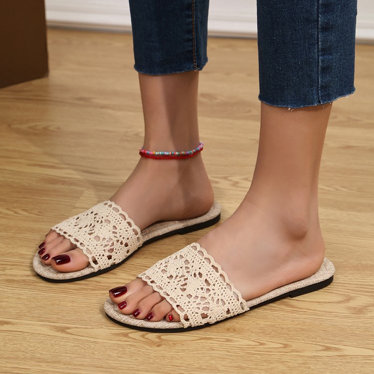 Lace Open Toe Flat Sandals Beige