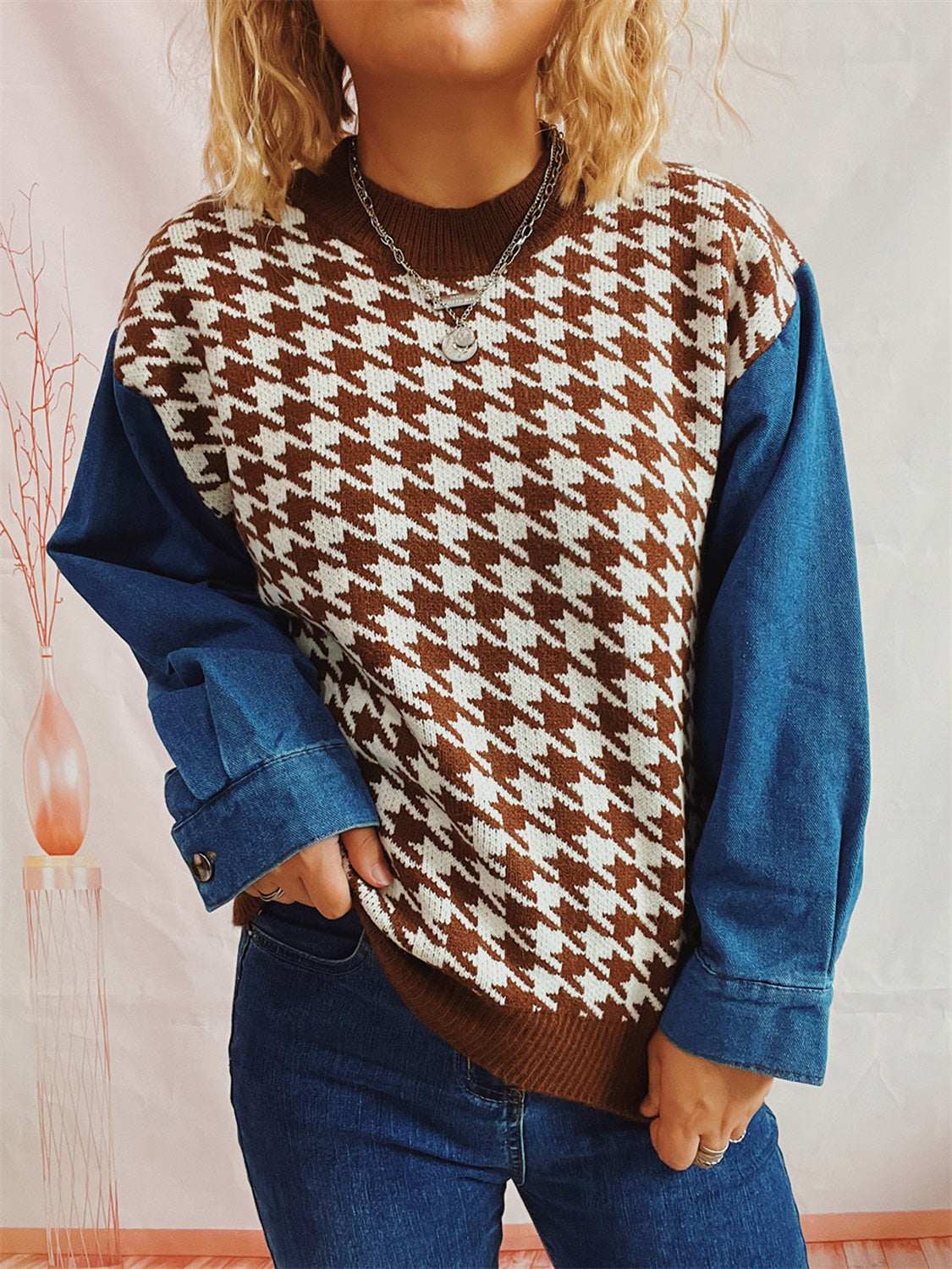 Houndstooth Denim Sleeve Sweater Chestnut