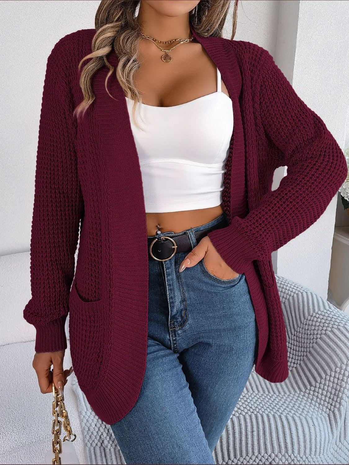 Open Front Long Sleeve Cardigan with Pockets Wine