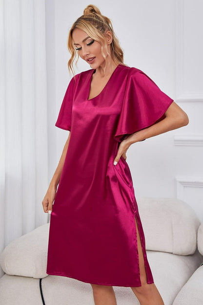 Satin Flutter Sleeve Side Slit V-Neck Night Dress Vivid Cerise