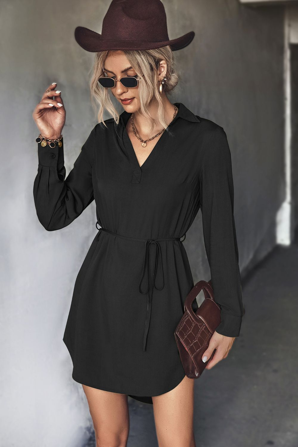 Belted Johnny Collar High-Low Shirt Dress Black