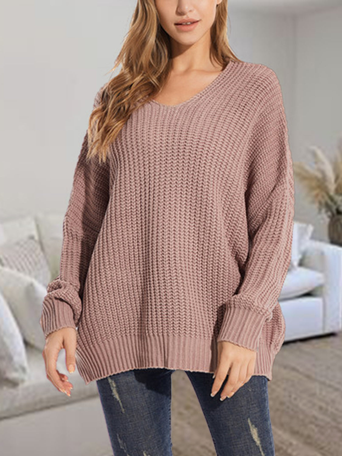 V-Neck Batwing Dropped Shoulder Sweater Mocha