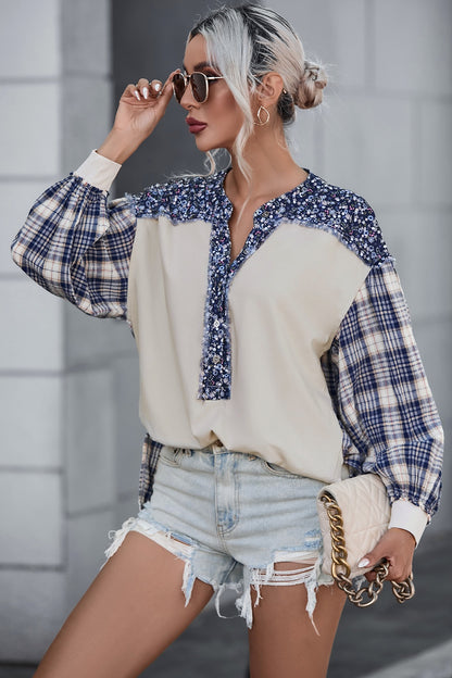 Plaid Notched Neck Slit Blouse | Effortlessly Chic & Comfortable