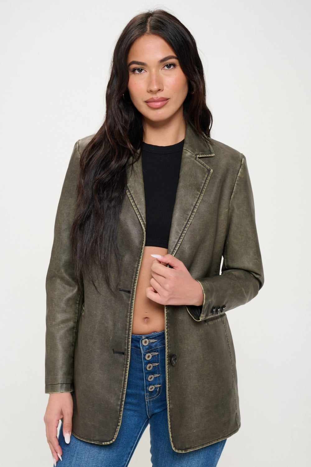 Coalition LA Single-Breasted Vegan Leather Blazer Olive Brown