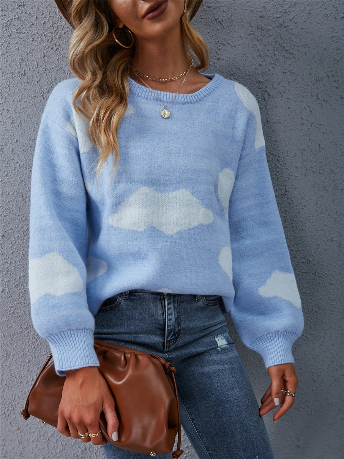 Color Block Round Neck Dropped Shoulder Sweater Light Blue