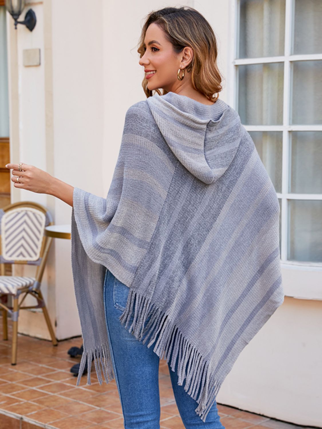 Striped Fringe Hem Hooded Poncho - Thandynie