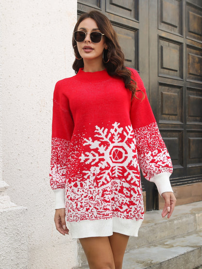 Snowflake Pattern Sweater Dress Red