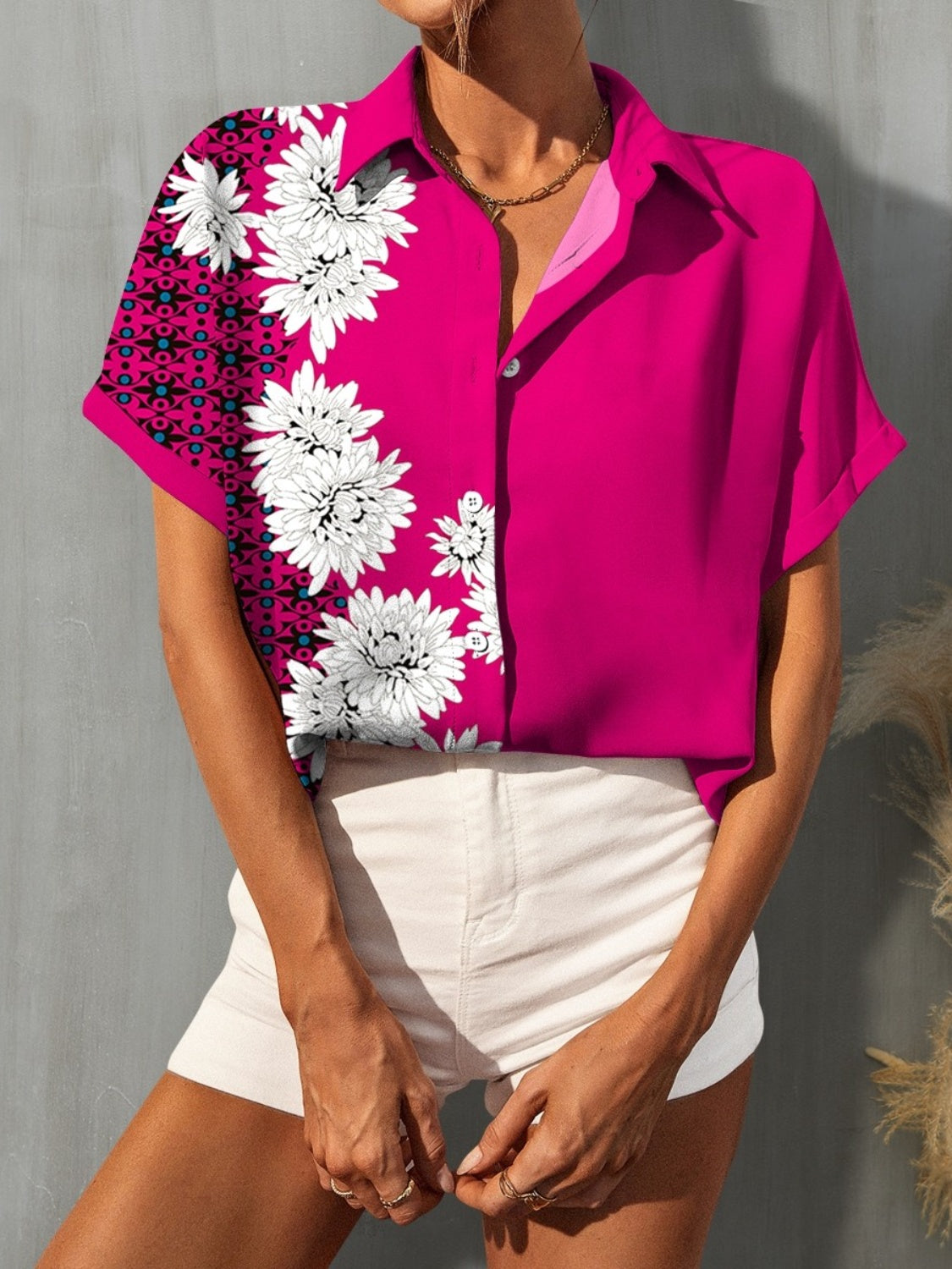 Printed Button Up Short Sleeve Shirt Hot Pink