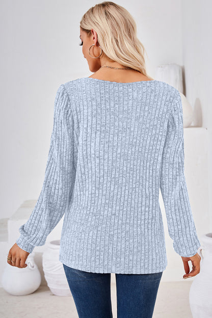 Ribbed Square Neck Long Sleeve T-Shirt