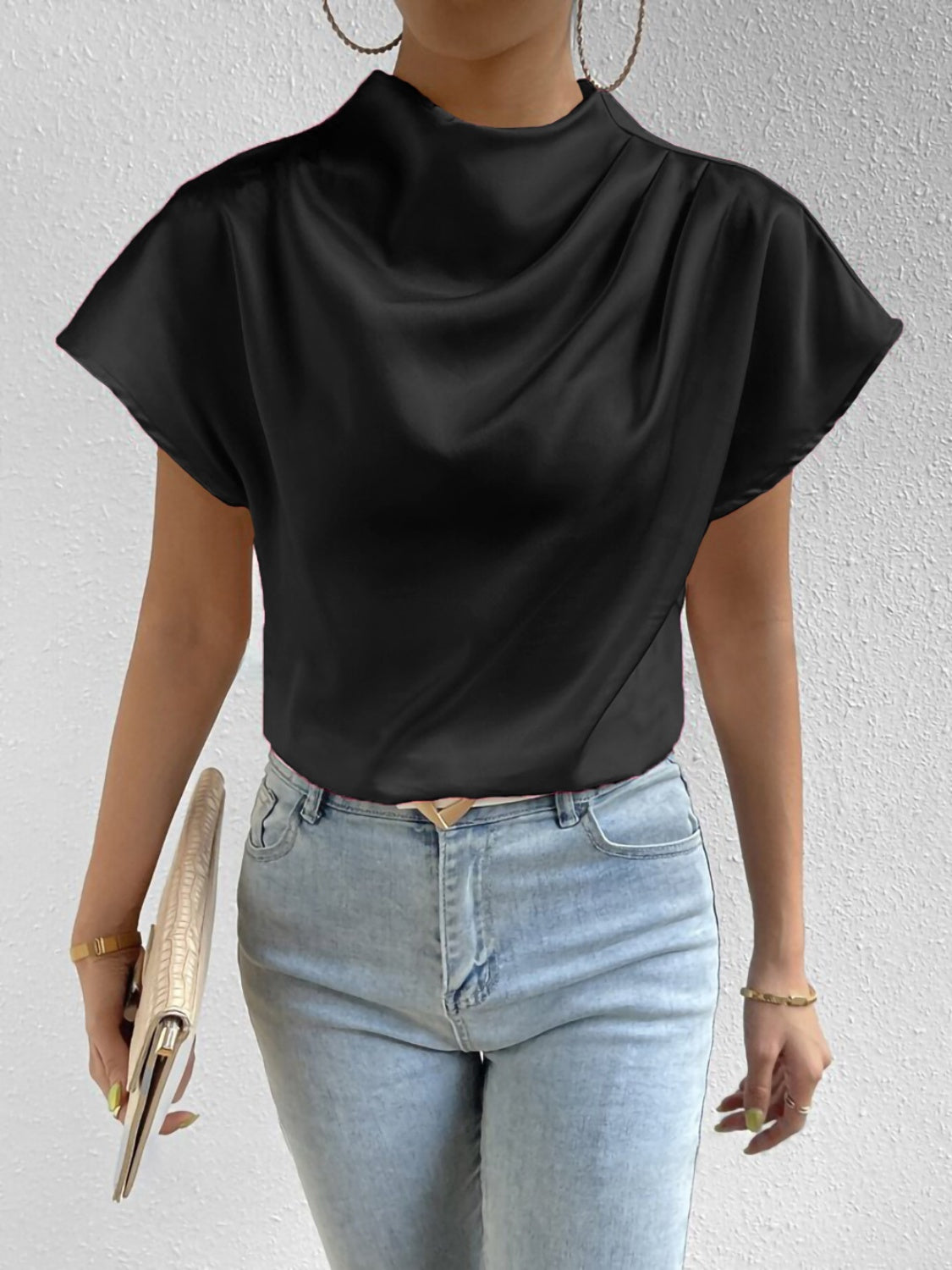 Ruched Mock Neck Short Sleeve Blouse