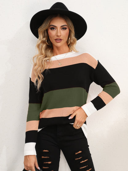 Striped Round Neck Dropped Shoulder Sweater Army Green