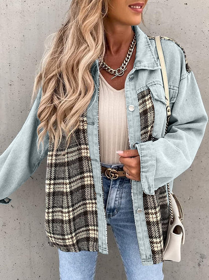 Plaid Button Up Dropped Shoulder Jacket Light Blue