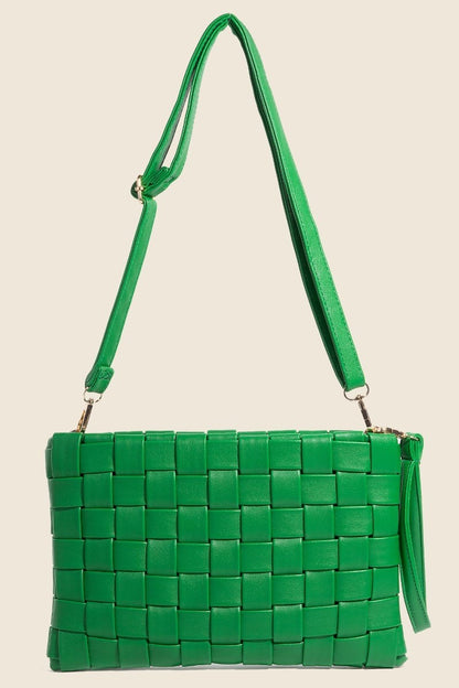 Fame Faux Leather Basket Weave Crossbody Bag Green One Size