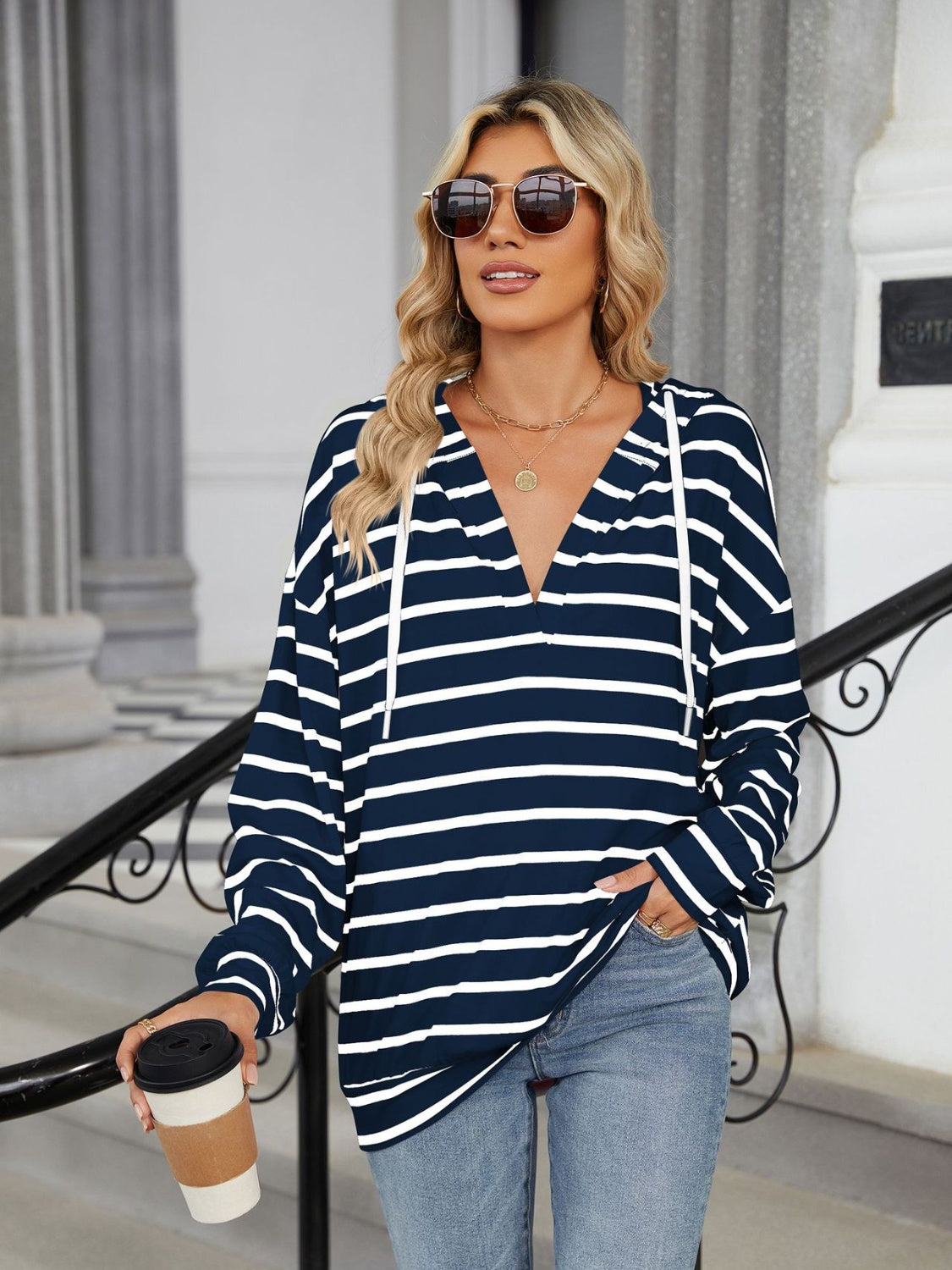 Drawstring Striped Long Sleeve Hoodie Dark Navy