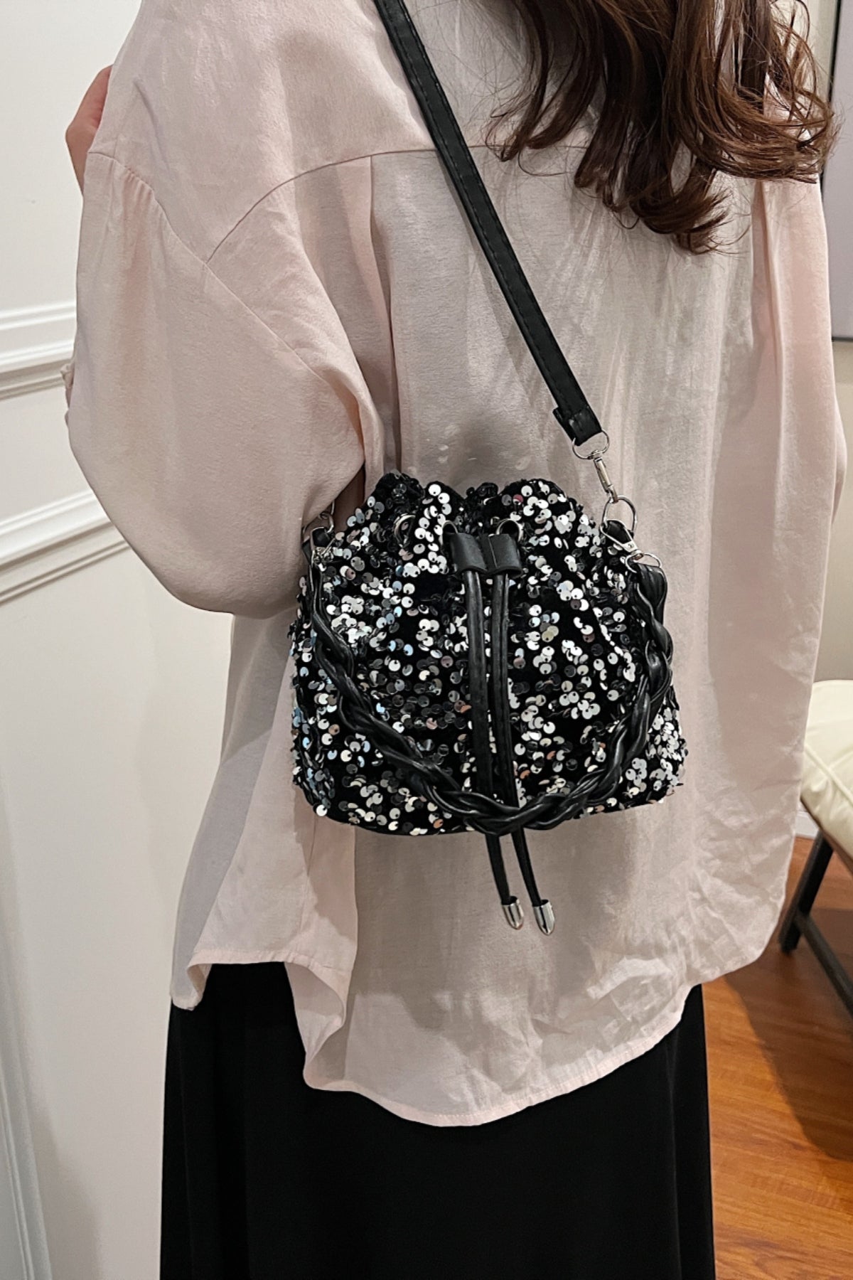 Sequin Drawstring Bucket Bag Silver One Size