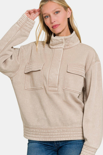 Zenana Acid Washed Half Snap Fleece Sweatshirt Ash Mocha