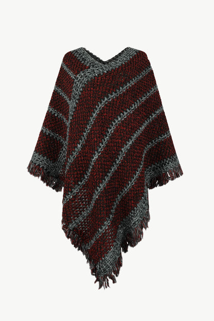 V-Neck Fringe Hem Poncho Burgundy One Size