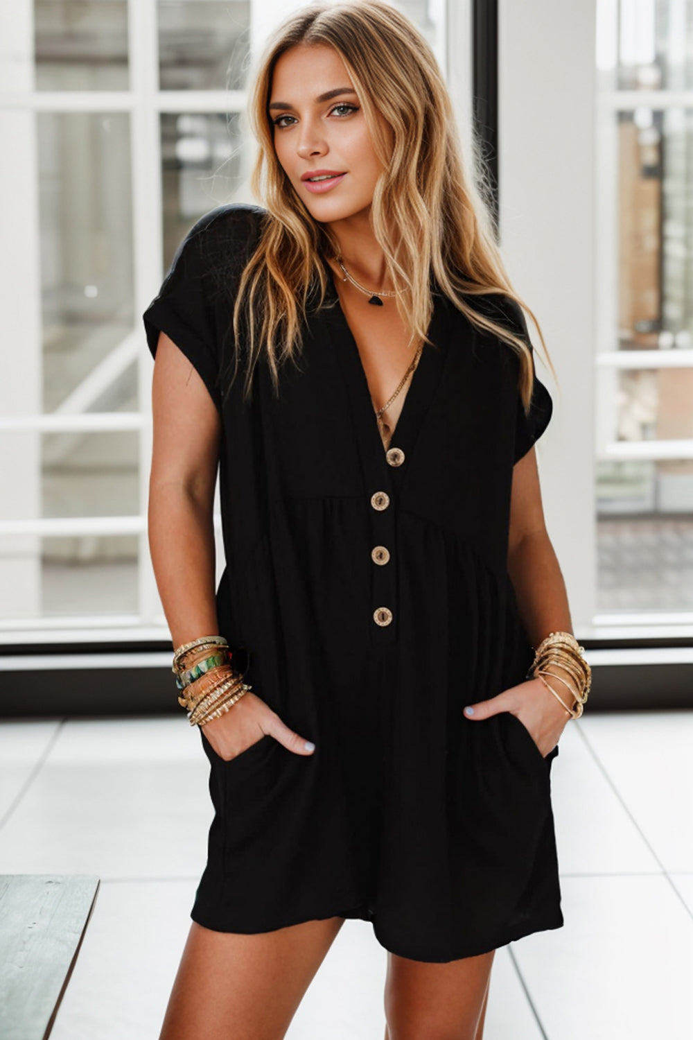 Pocketed V-Neck Short Sleeve Romper Black