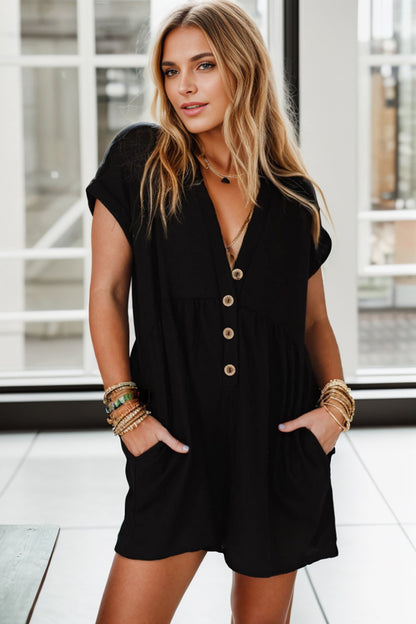 Pocketed V-Neck Short Sleeve Romper Black