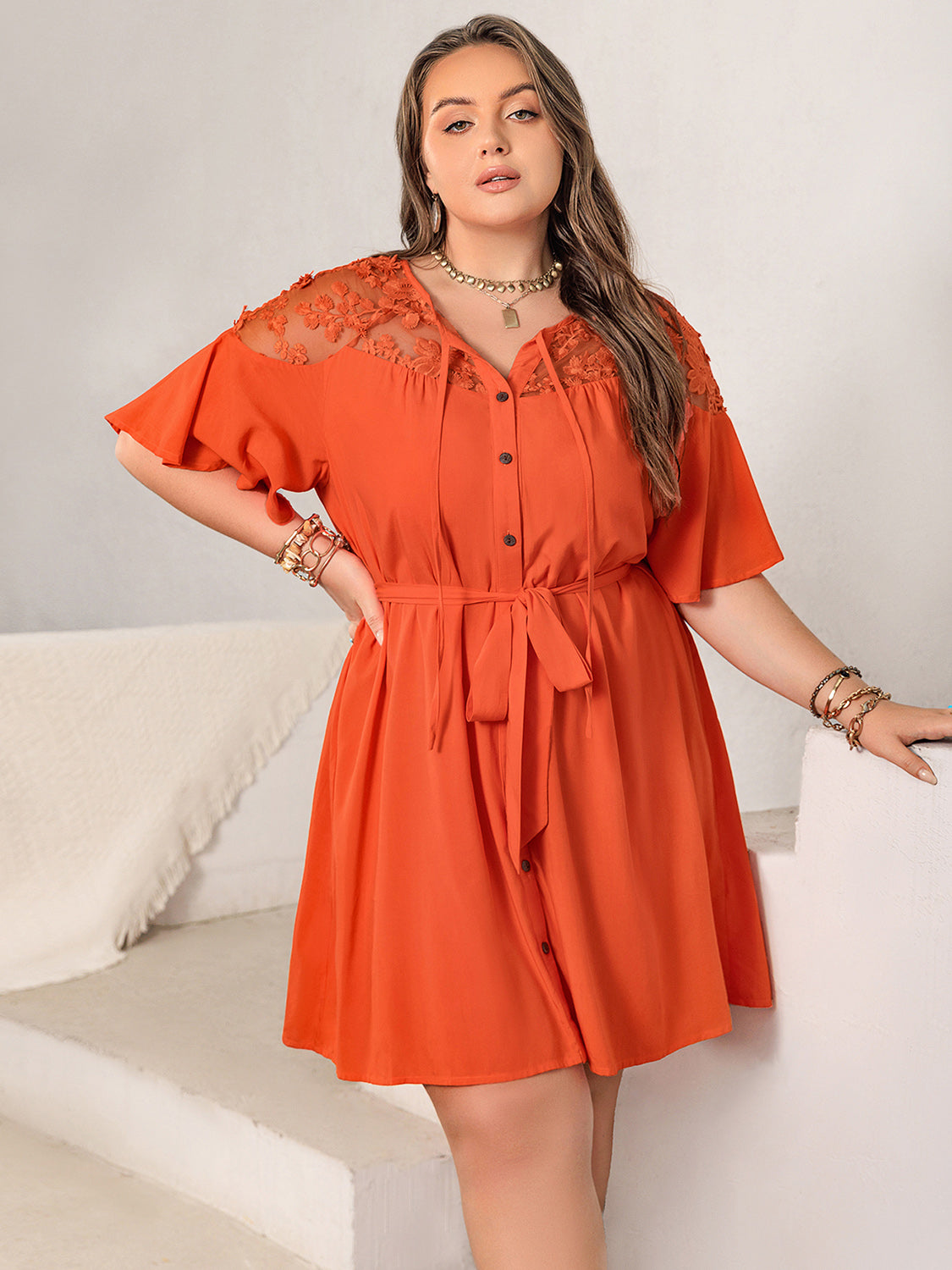 Plus Size Lace Button Up Half Sleeve Dress - Thandynie