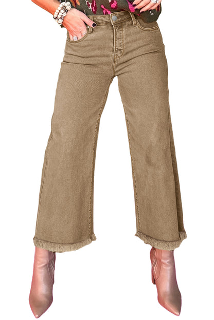 Light French Beige Acid Washed High Rise Cropped Wide Leg Jeans