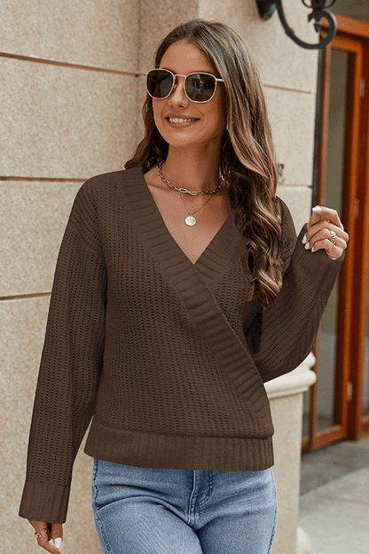 Surplice Neck Long Sleeve Sweater Brown