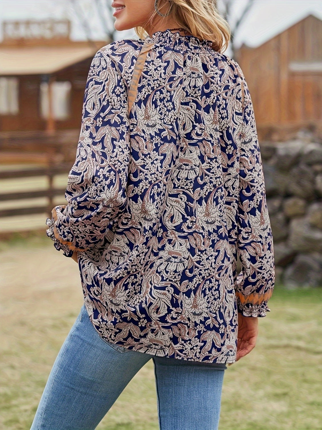 Full Size Printed Notched Long Sleeve Blouse - Thandynie