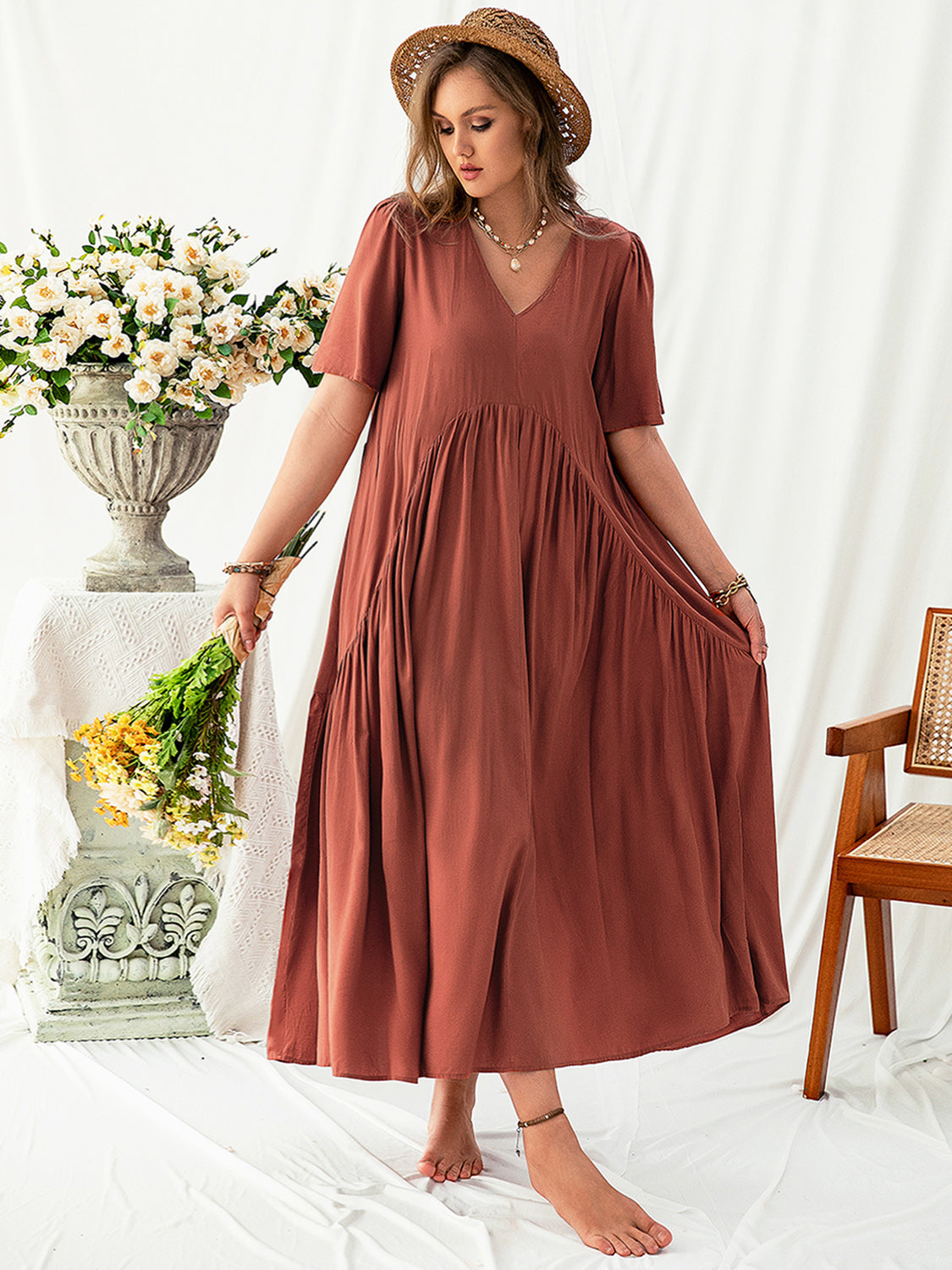 Plus Size V-Neck Flutter Sleeve Midi Dress - Thandynie