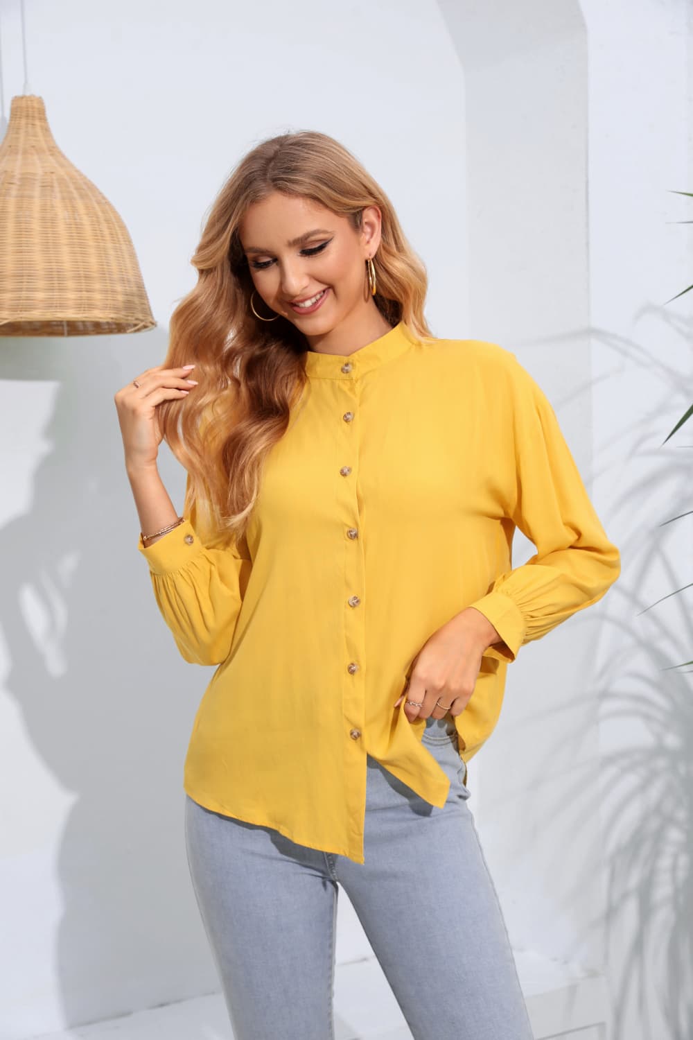 Mock Neck Buttoned Long Sleeve Shirt Chartreuse