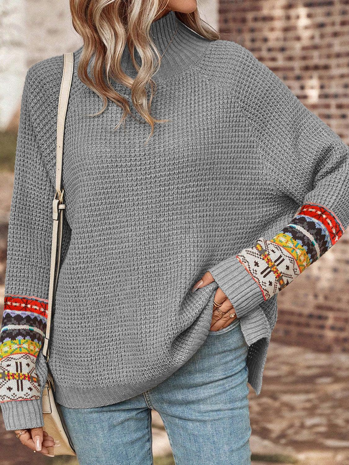 Geometric Turtleneck Long Sleeve Slit Sweater Gray