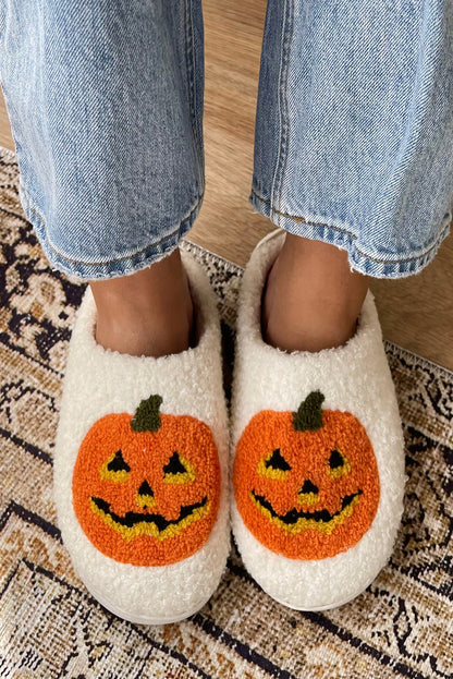 White Halloween Pumpkin Print Plush Slippers (Runs Small, Size Up) White