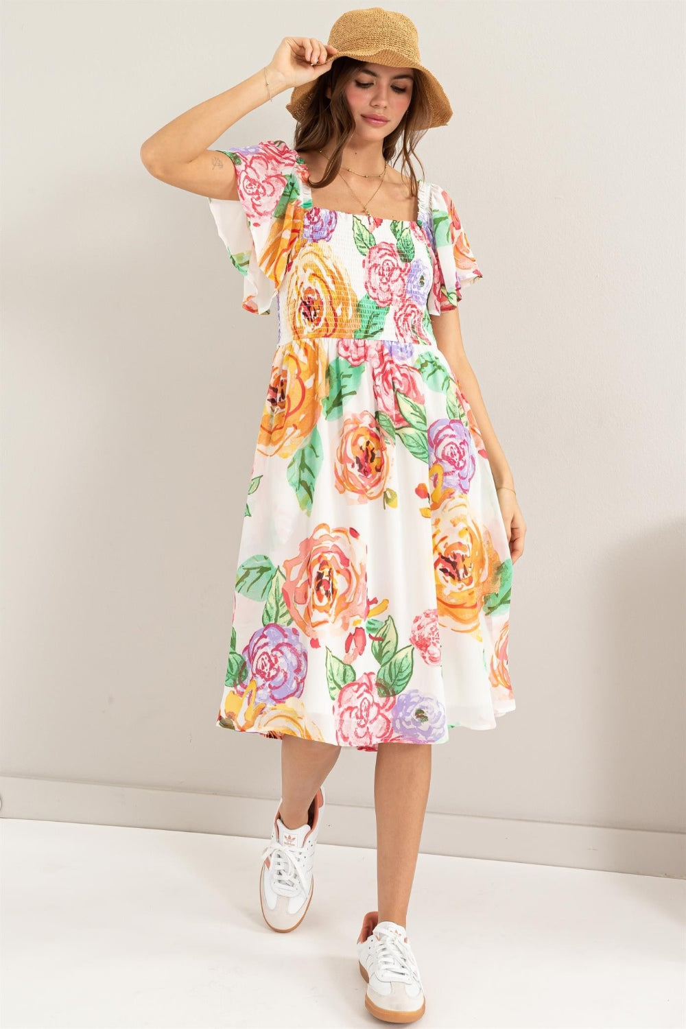 HYFVE Floral Flutter Sleeve Smocked Dress Multi