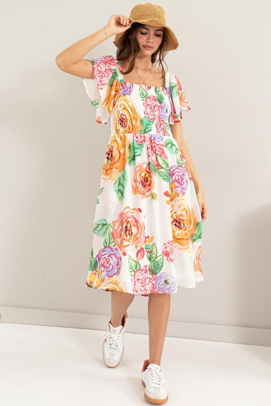 HYFVE Floral Flutter Sleeve Smocked Dress Multi