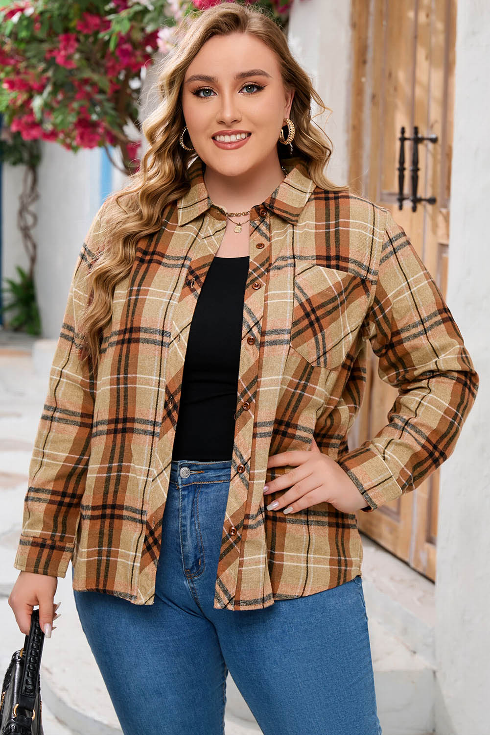 Plus Size Plaid Collared Neck Long Sleeve Shirt Khaki