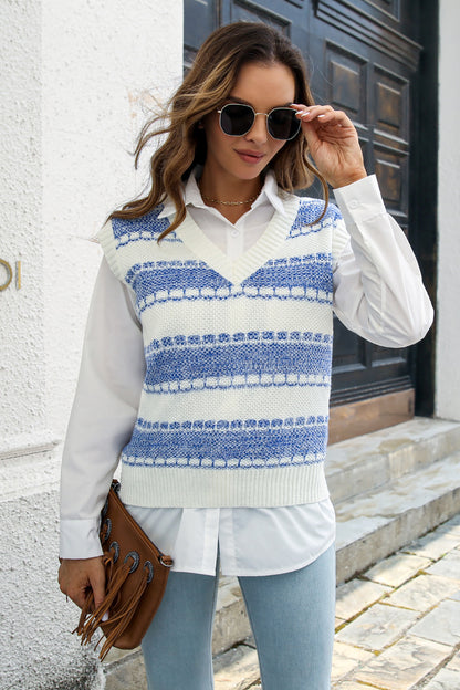 Contrast V-Neck Sweater Vest Misty Blue