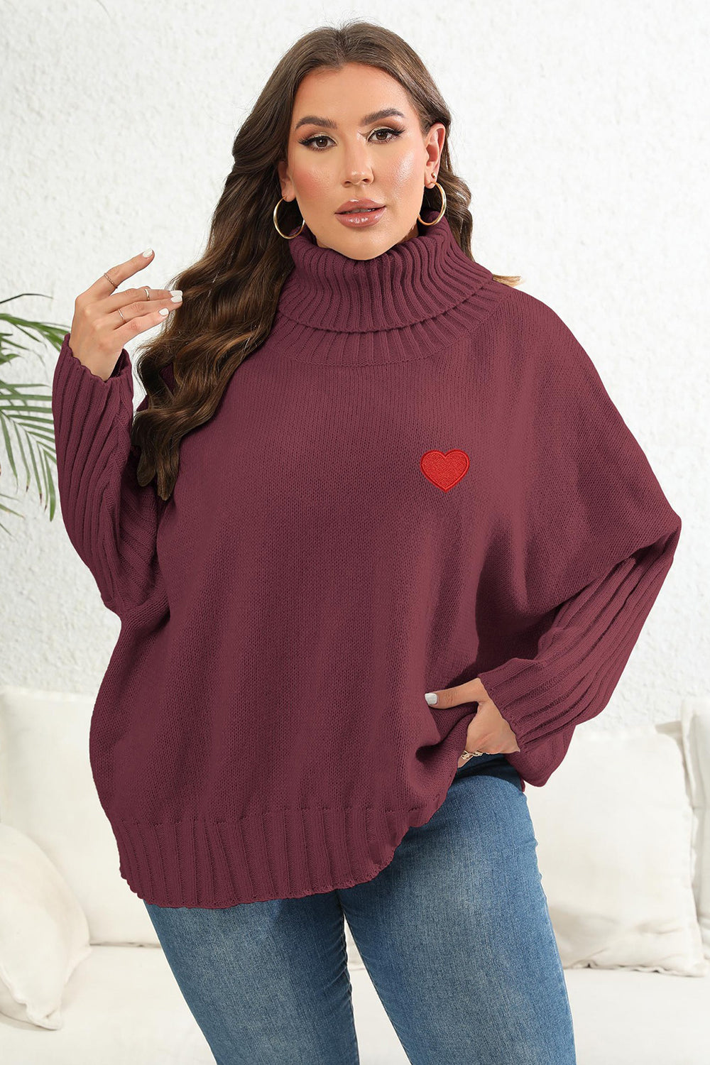 Plus Size Turtle Neck Long Sleeve Sweater Wine