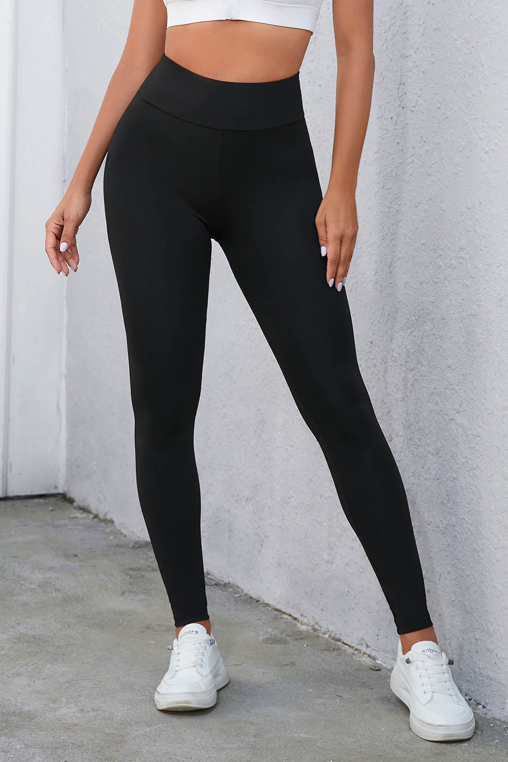 Black Criss Cross Tummy Control High Waist Leggings Black 90%Polyester+10%Elastane