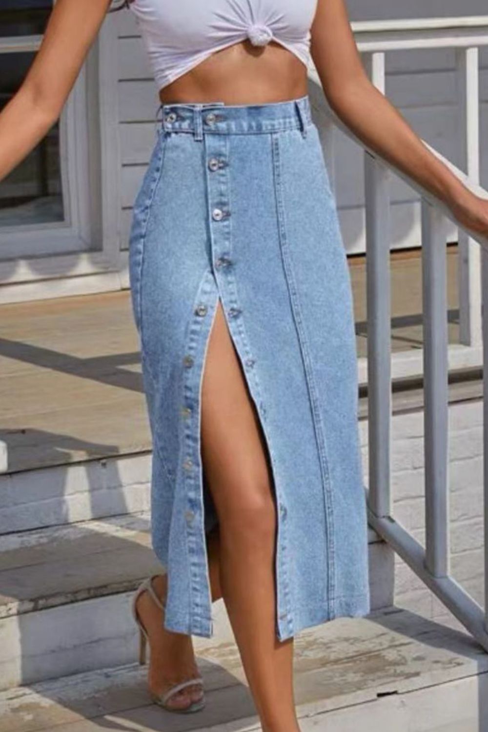 Buttoned Split Denim Skirt Light