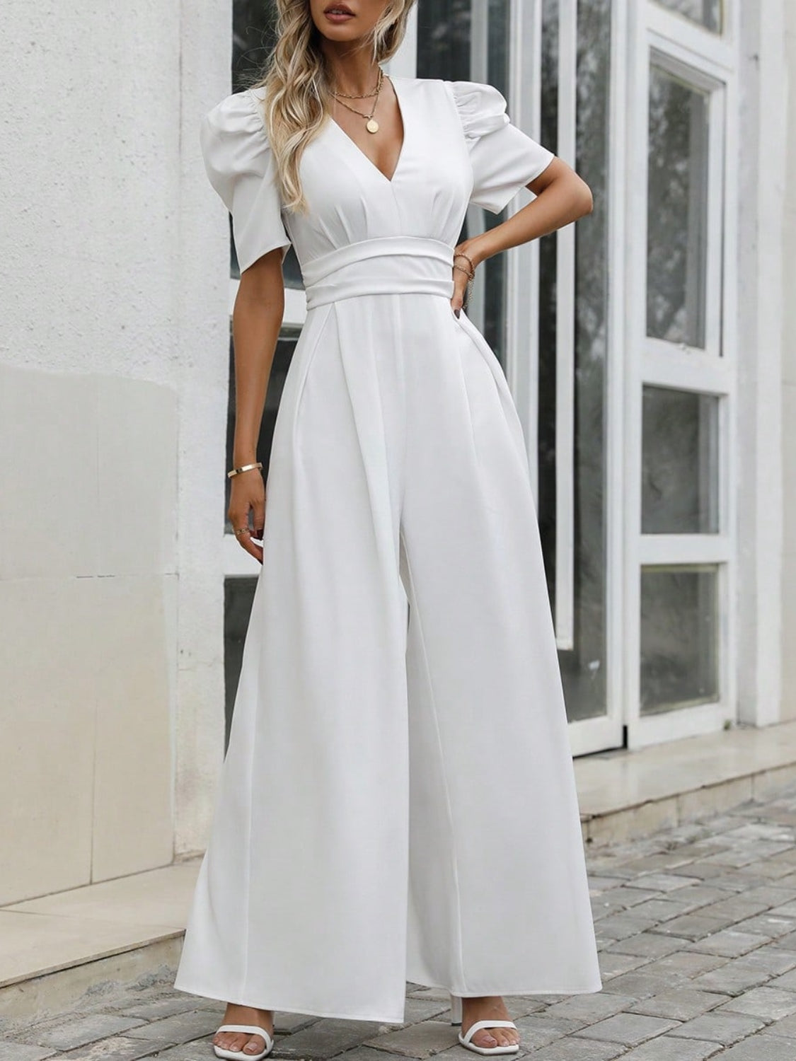 V-Neck Short Sleeve Wide Leg Jumpsuit White