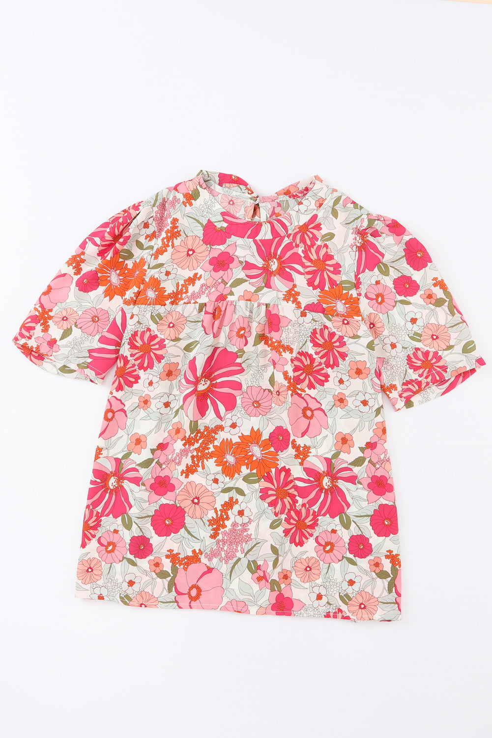 Floral Puff Sleeve Tied Blouse