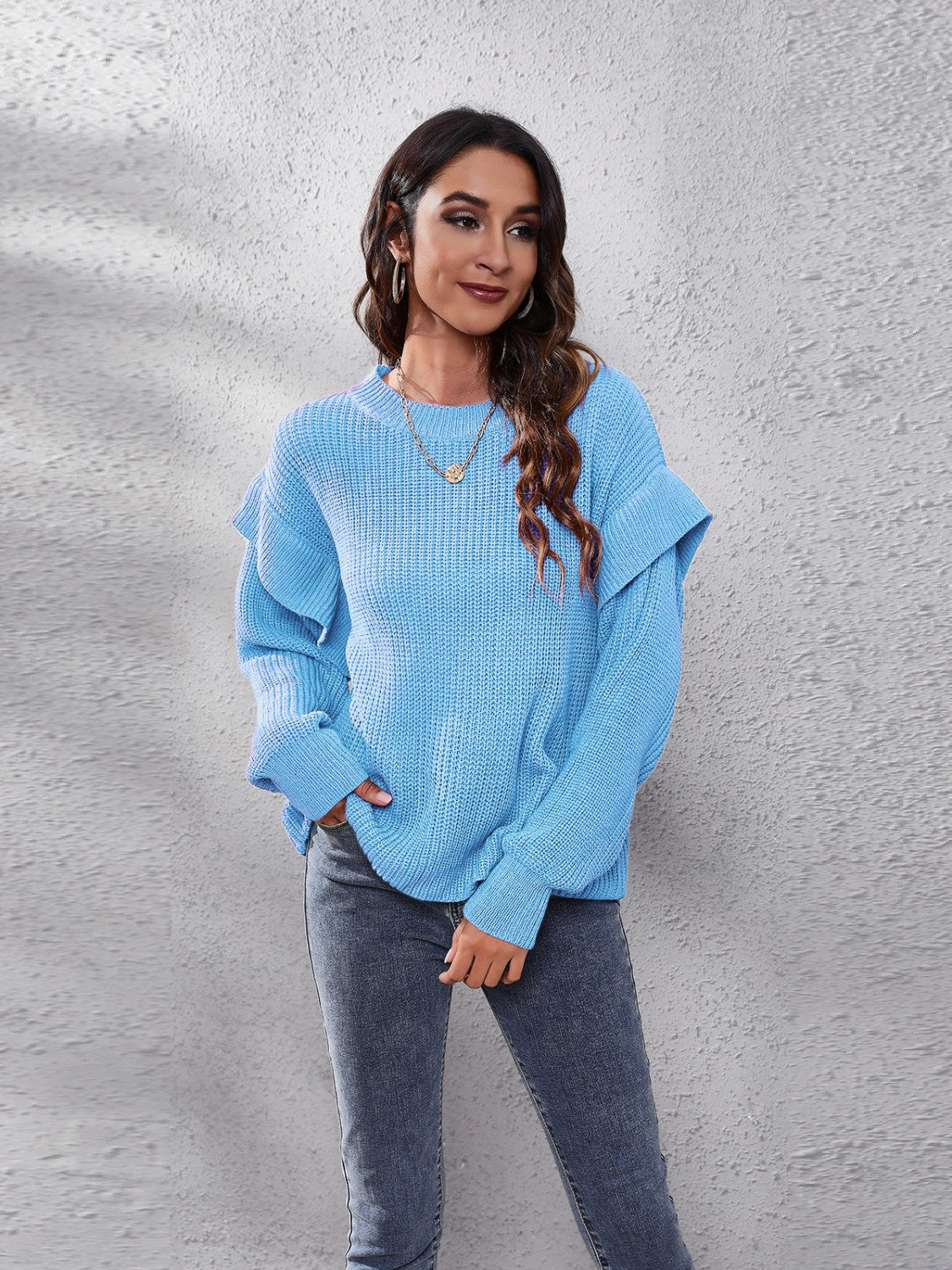 Ruffled Round Neck Dropped Shoulder Sweater Pastel Blue