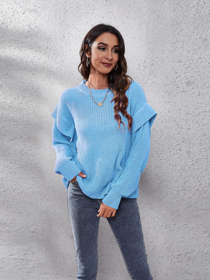 Ruffled Round Neck Dropped Shoulder Sweater Pastel Blue