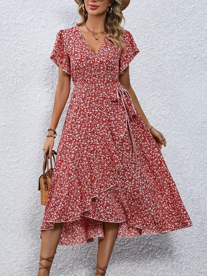 Printed Surplice Flutter Sleeve Midi Dress Deep Red